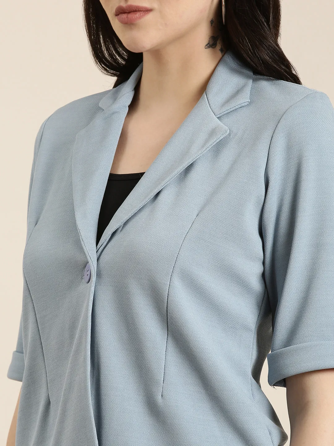 Women Blue Notched Lapel Single-Breasted Blazer