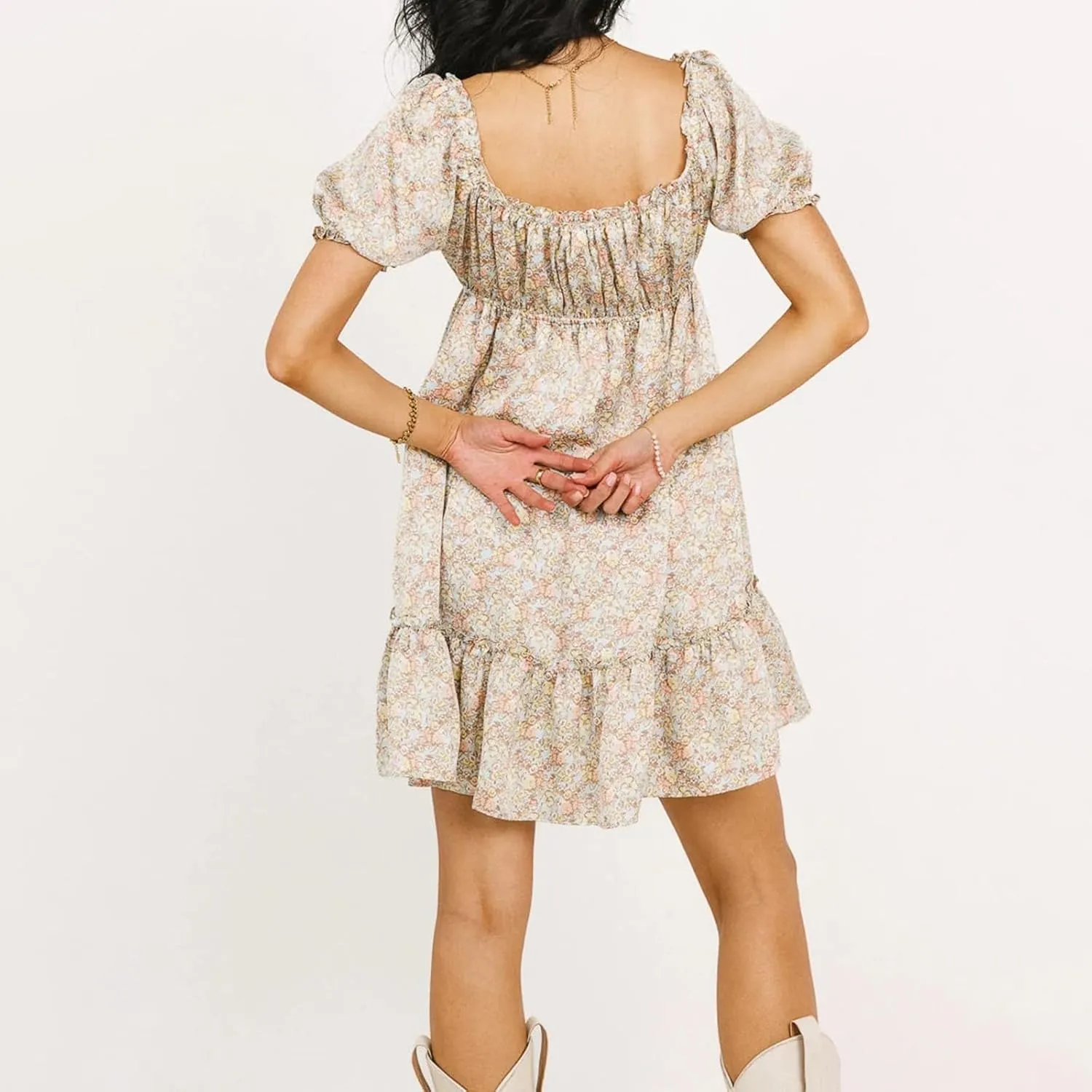 Women Boho Floral Puff Short Sleeve Mini Dress Y2k Ruffle Lace Trim Babydoll Short Dresses Summer Causal Flowy Dress