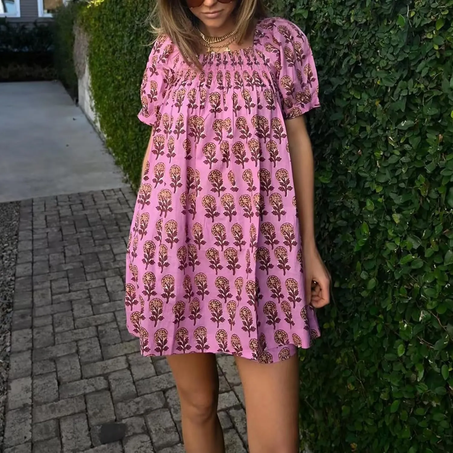 Women Boho Floral Puff Short Sleeve Mini Dress Y2k Ruffle Lace Trim Babydoll Short Dresses Summer Causal Flowy Dress