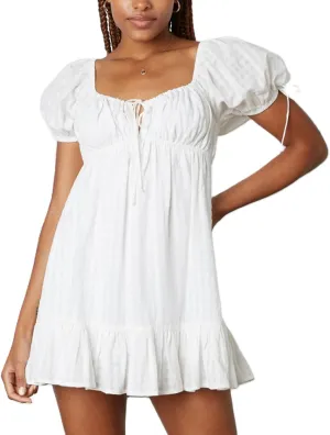 Women Boho Floral Puff Short Sleeve Mini Dress Y2k Ruffle Lace Trim Babydoll Short Dresses Summer Causal Flowy Dress