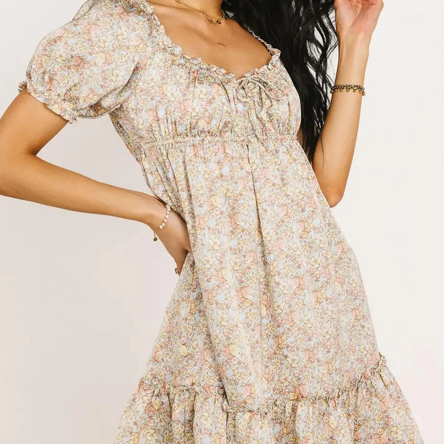 Women Boho Floral Puff Short Sleeve Mini Dress Y2k Ruffle Lace Trim Babydoll Short Dresses Summer Causal Flowy Dress