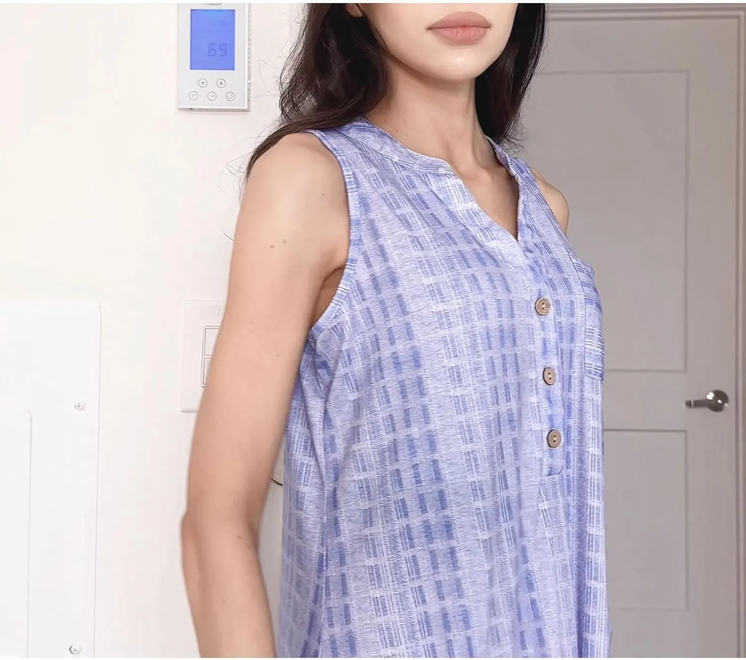 Women Casual Dress Summer Stripe Button V Neck Sleeveless with Pocket Long Dresses Holiday Beach Party Midi Dress