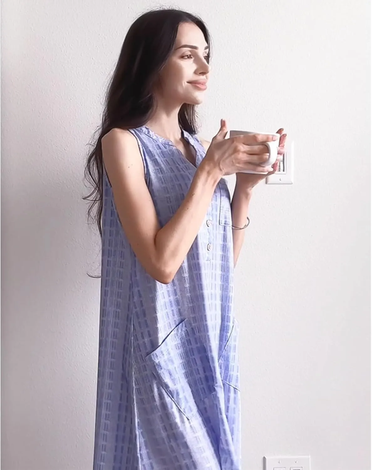 Women Casual Dress Summer Stripe Button V Neck Sleeveless with Pocket Long Dresses Holiday Beach Party Midi Dress