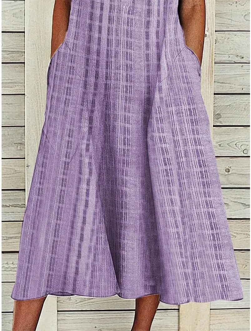 Women Casual Dress Summer Stripe Button V Neck Sleeveless with Pocket Long Dresses Holiday Beach Party Midi Dress