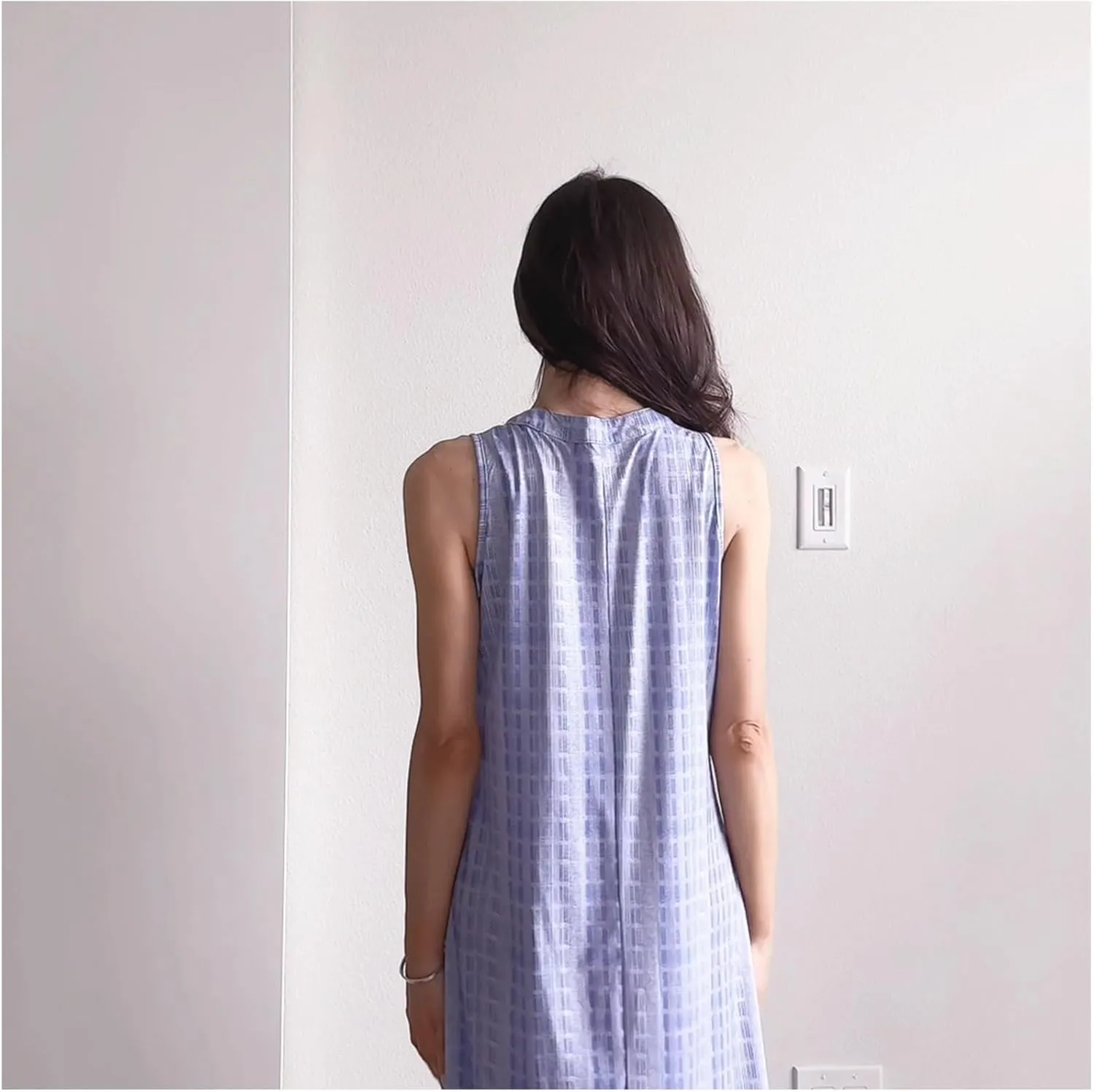 Women Casual Dress Summer Stripe Button V Neck Sleeveless with Pocket Long Dresses Holiday Beach Party Midi Dress