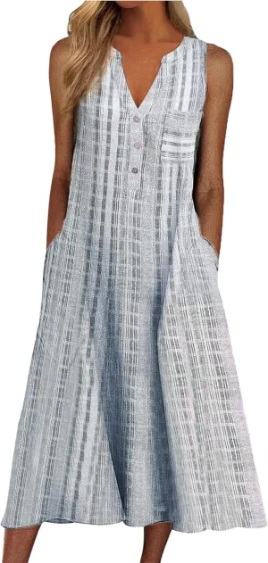 Women Casual Dress Summer Stripe Button V Neck Sleeveless with Pocket Long Dresses Holiday Beach Party Midi Dress