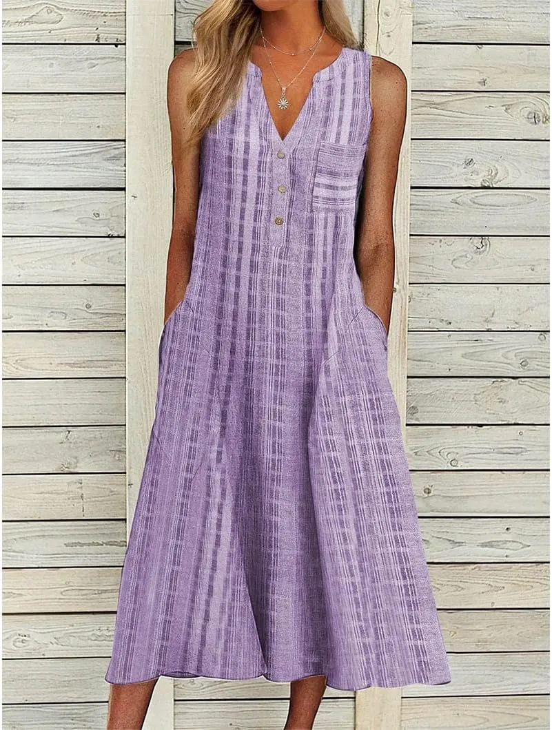 Women Casual Dress Summer Stripe Button V Neck Sleeveless with Pocket Long Dresses Holiday Beach Party Midi Dress