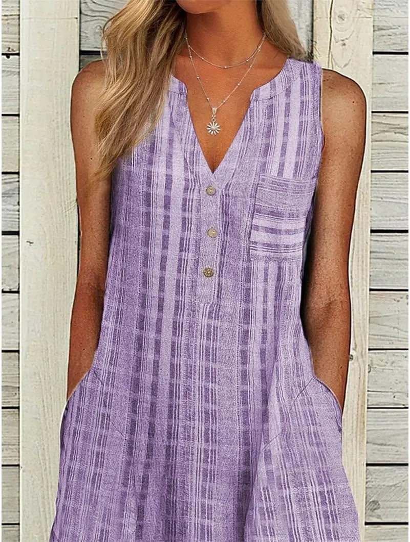 Women Casual Dress Summer Stripe Button V Neck Sleeveless with Pocket Long Dresses Holiday Beach Party Midi Dress