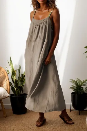 Women Cotton Linen Beach Sun Dress Summer Spaghetti Strap Sleeveless Crewneck Vacation Shift Maxi Dress with Pocket