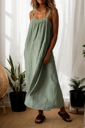 Women Cotton Linen Beach Sun Dress Summer Spaghetti Strap Sleeveless Crewneck Vacation Shift Maxi Dress with Pocket