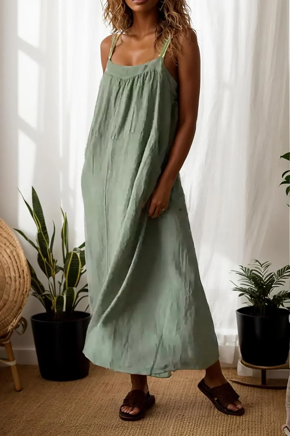 Women Cotton Linen Beach Sun Dress Summer Spaghetti Strap Sleeveless Crewneck Vacation Shift Maxi Dress with Pocket