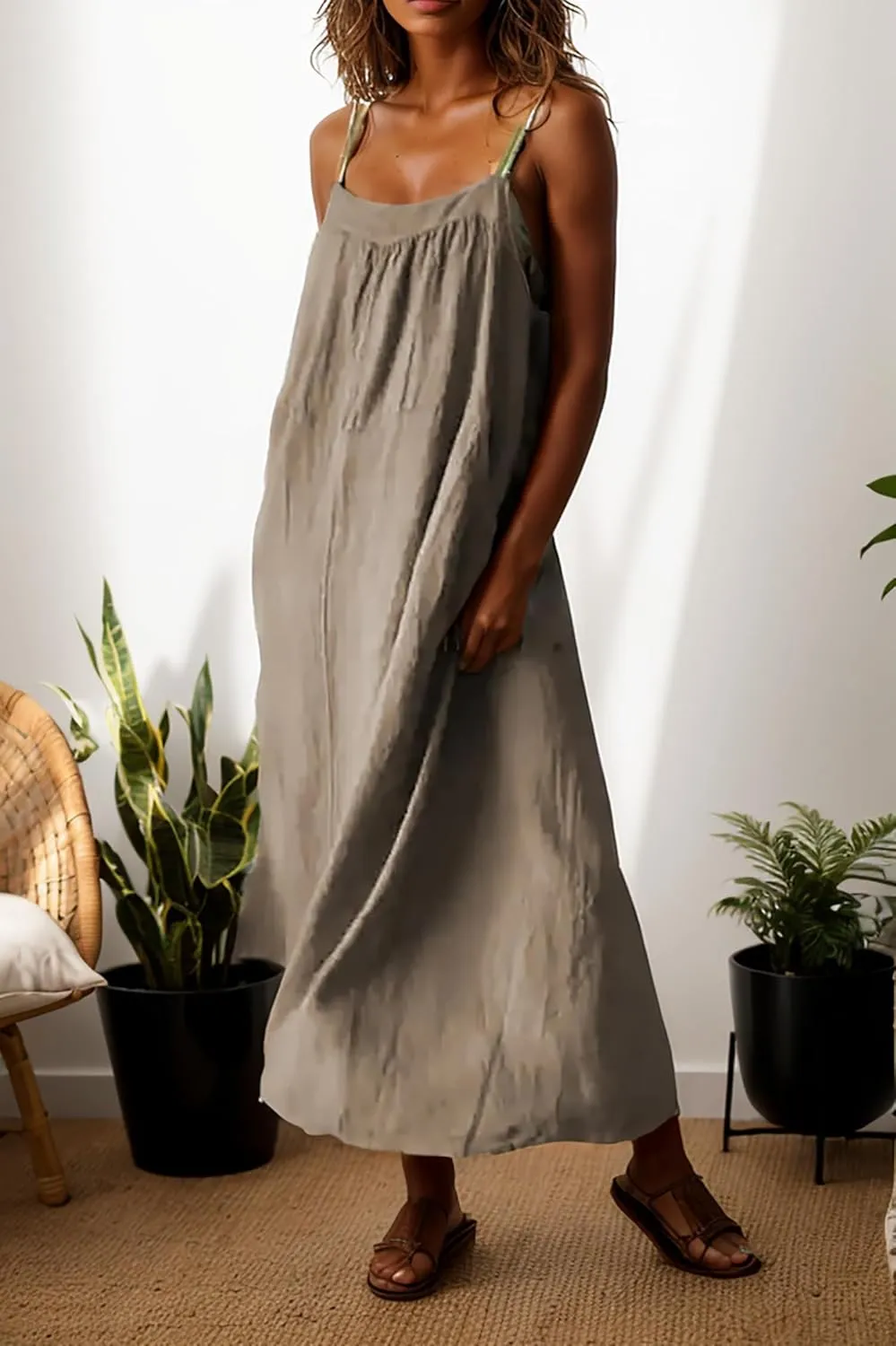 Women Cotton Linen Beach Sun Dress Summer Spaghetti Strap Sleeveless Crewneck Vacation Shift Maxi Dress with Pocket