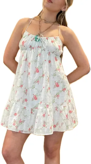 Women Floral Flying Sleeve Mini Dress Y2k V Neck Sleeveless Dress Backless Ruffle Hem Dresses Summer Beach Outwear