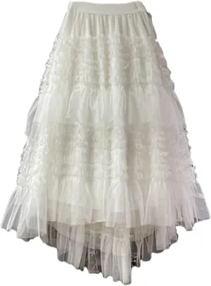 Women High Waist Elastic Tulle Cake Irregular Ruffles Female Mesh Skirt Pleated A-Line Swing Midi Skirt