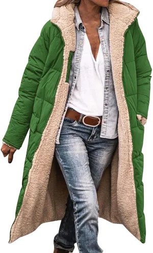 Women Long Winter Jacket Oversize Thicken Warm Stylish Hoodie Down Coat Sherpa Fleece Lined Reversible Puffer Jacket