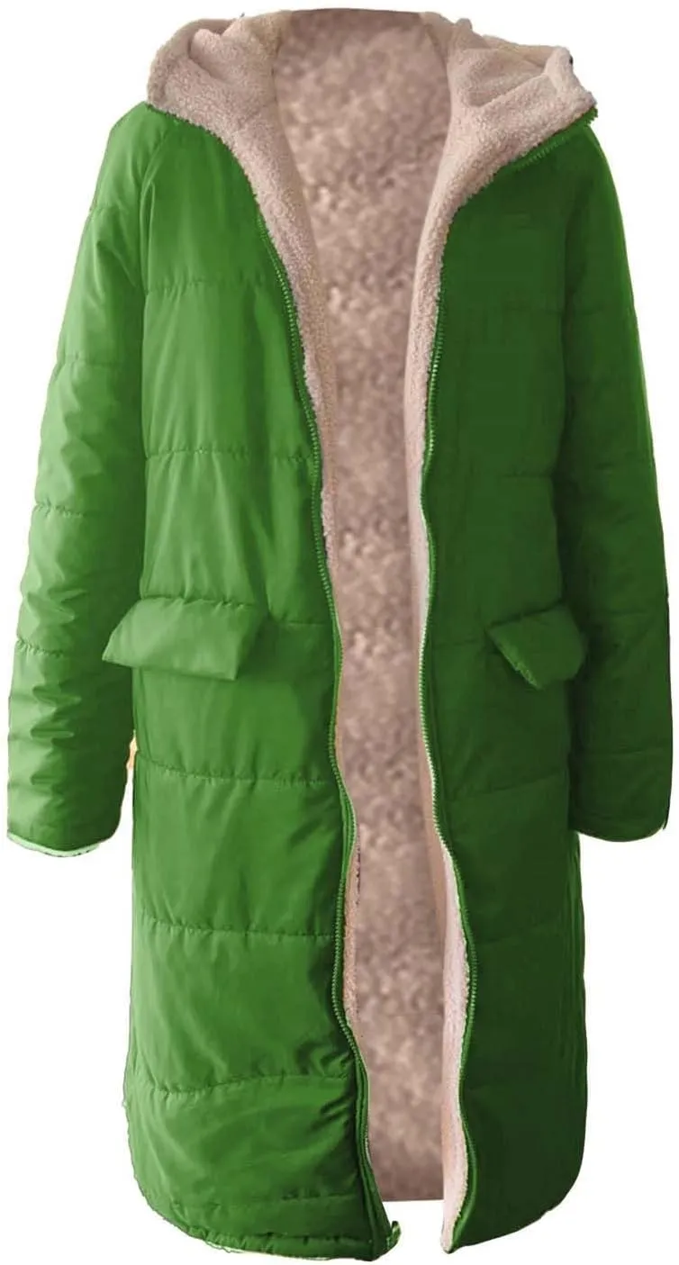 Women Long Winter Jacket Oversize Thicken Warm Stylish Hoodie Down Coat Sherpa Fleece Lined Reversible Puffer Jacket