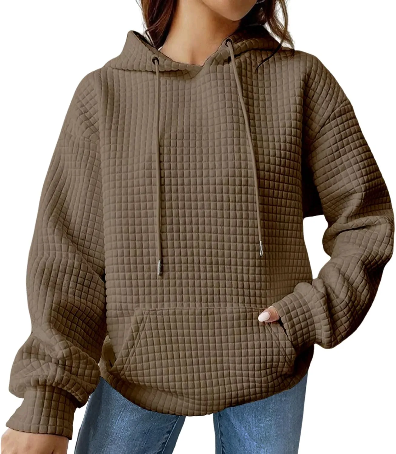 Women Oversized Hoodies Casual Basic Waffle Long Sleeve Pullover Top Solid Hooded Sweatshirt with Pocket
