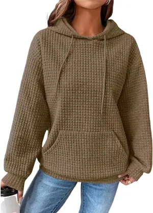 Women Oversized Hoodies Casual Basic Waffle Long Sleeve Pullover Top Solid Hooded Sweatshirt with Pocket
