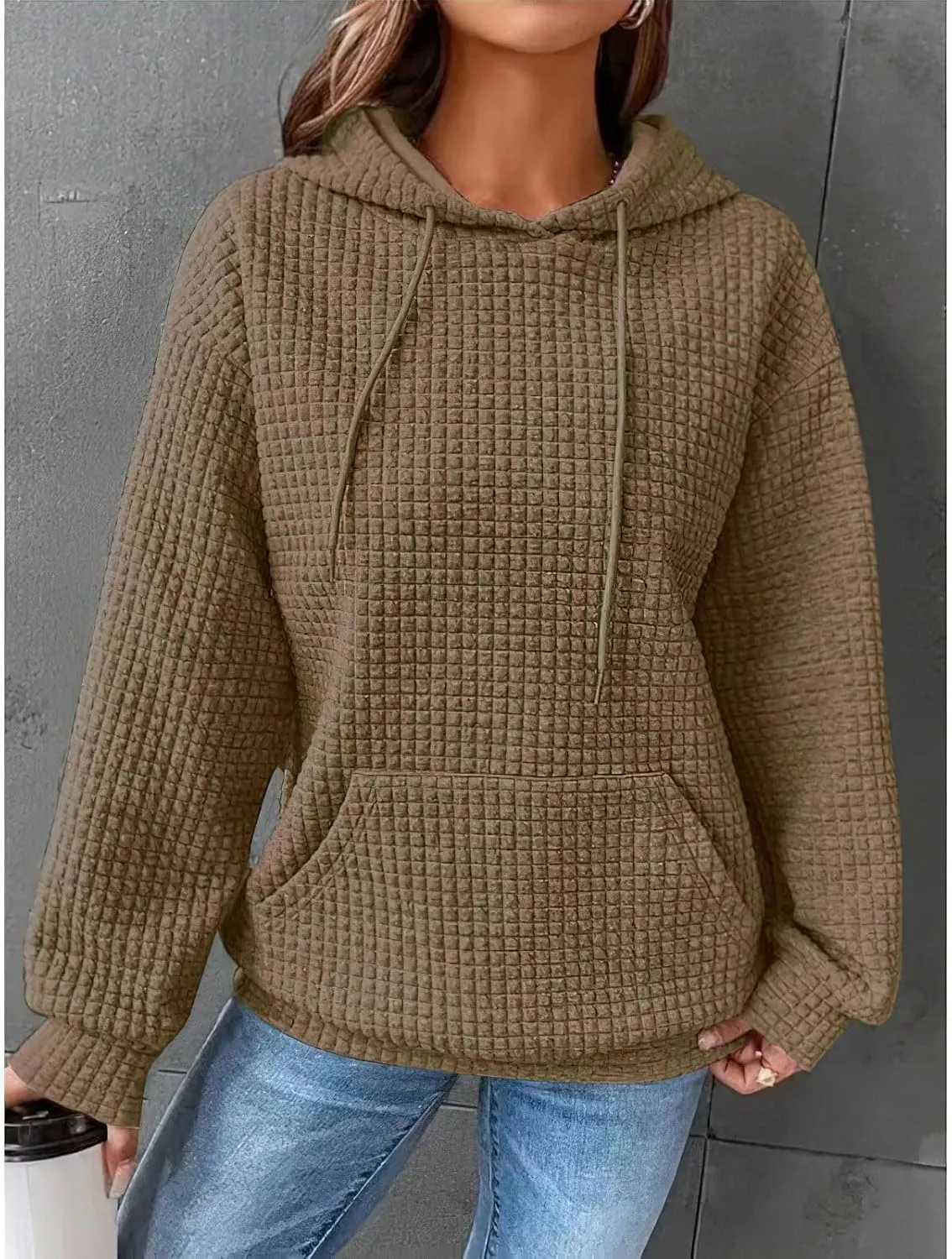 Women Oversized Hoodies Casual Basic Waffle Long Sleeve Pullover Top Solid Hooded Sweatshirt with Pocket