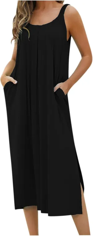 Women Pleated Crew Neck Maxi Dresses Sleeveless Beach Boho Summer Dress Loose Vacation Plus Size Sundress
