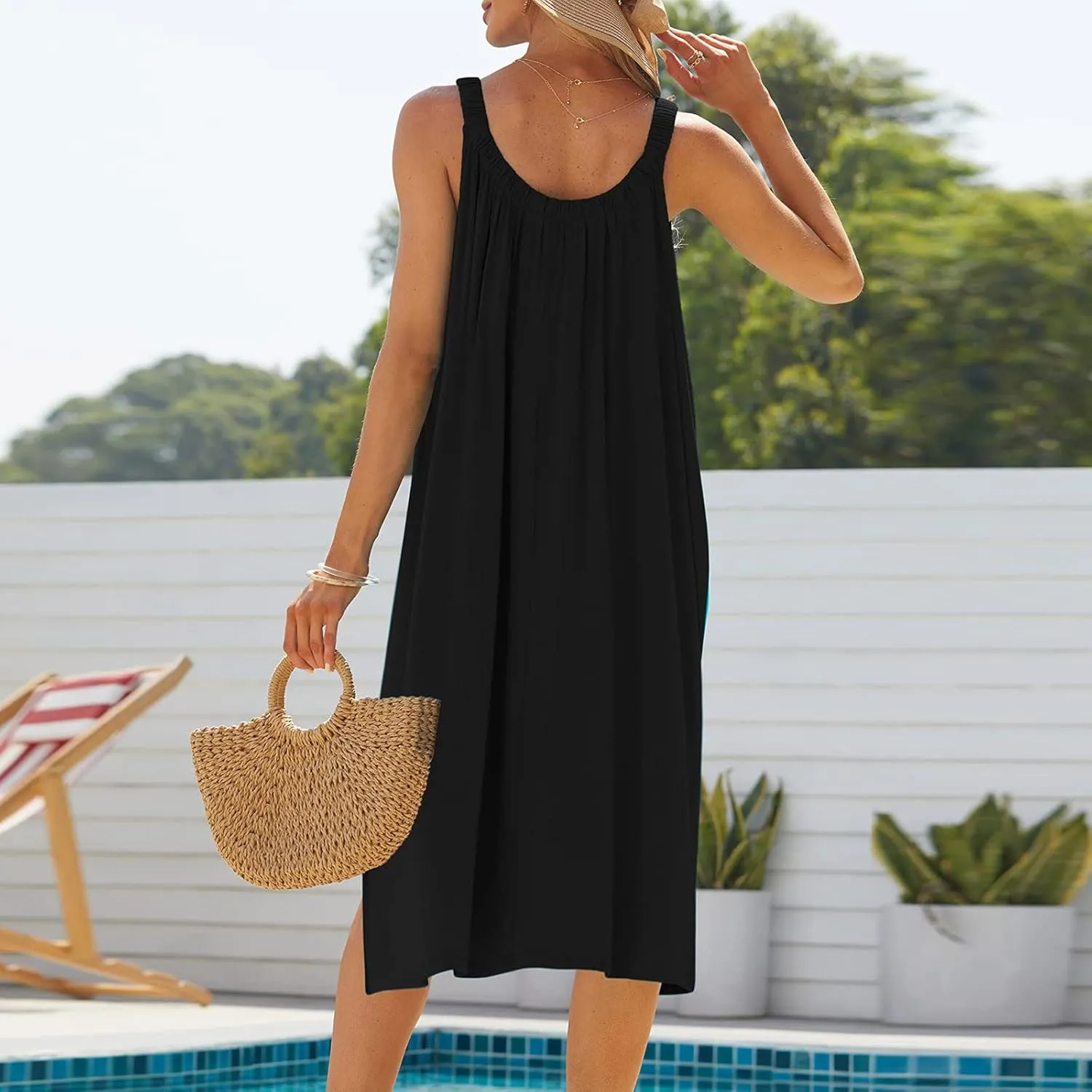 Women Pleated Crew Neck Maxi Dresses Sleeveless Beach Boho Summer Dress Loose Vacation Plus Size Sundress