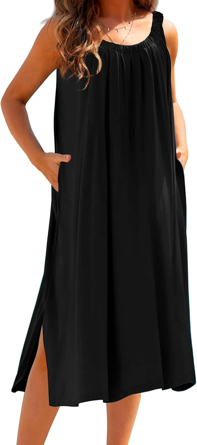 Women Pleated Crew Neck Maxi Dresses Sleeveless Beach Boho Summer Dress Loose Vacation Plus Size Sundress
