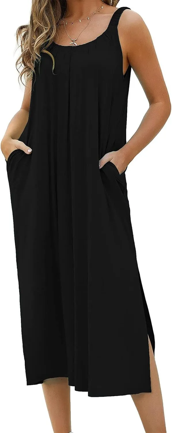 Women Pleated Crew Neck Maxi Dresses Sleeveless Beach Boho Summer Dress Loose Vacation Plus Size Sundress