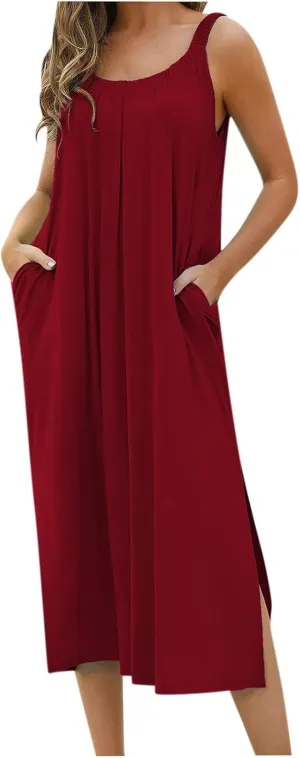 Women Pleated Crew Neck Maxi Dresses Sleeveless Beach Boho Summer Dress Loose Vacation Plus Size Sundress