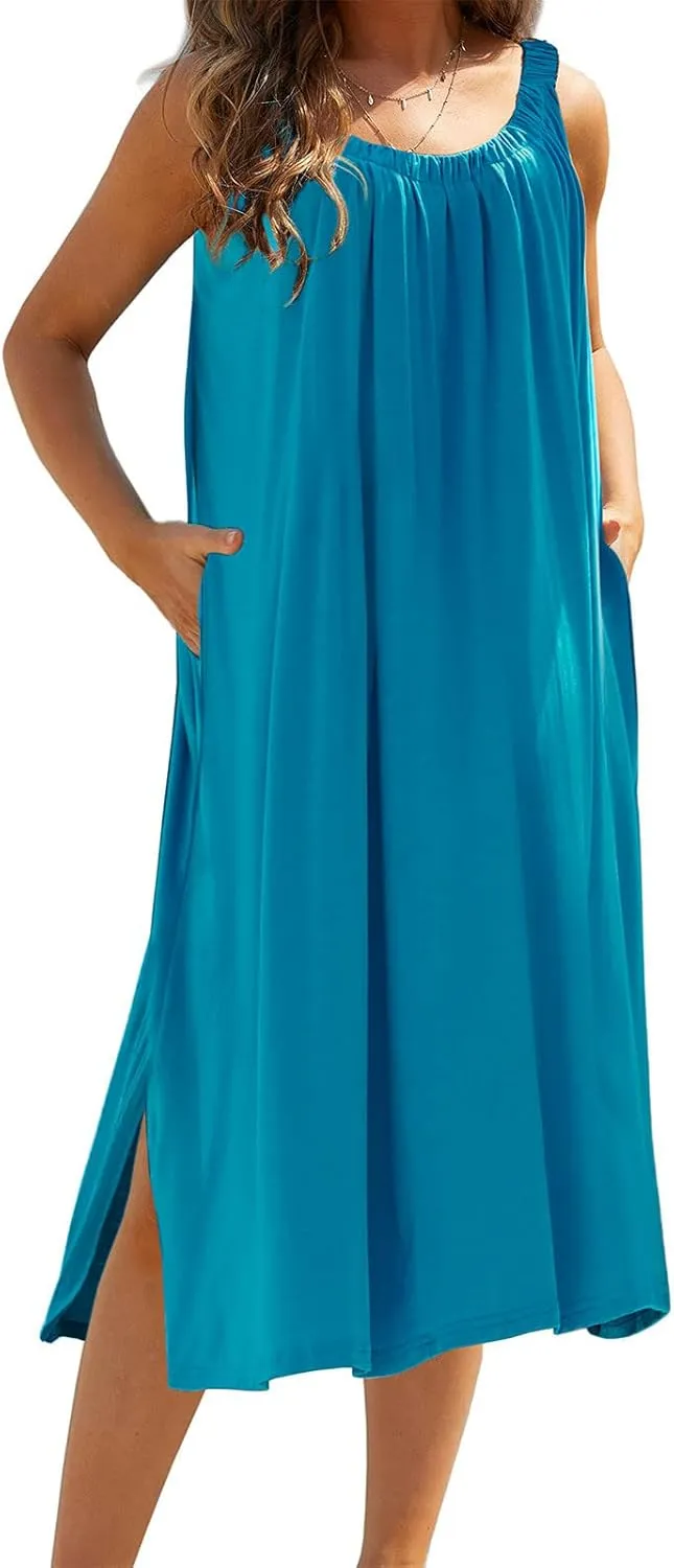 Women Pleated Crew Neck Maxi Dresses Sleeveless Beach Boho Summer Dress Loose Vacation Plus Size Sundress