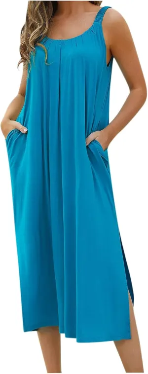 Women Pleated Crew Neck Maxi Dresses Sleeveless Beach Boho Summer Dress Loose Vacation Plus Size Sundress