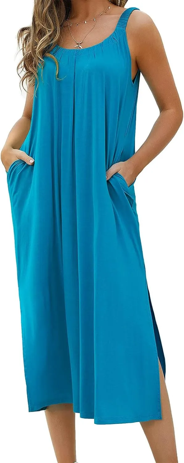 Women Pleated Crew Neck Maxi Dresses Sleeveless Beach Boho Summer Dress Loose Vacation Plus Size Sundress