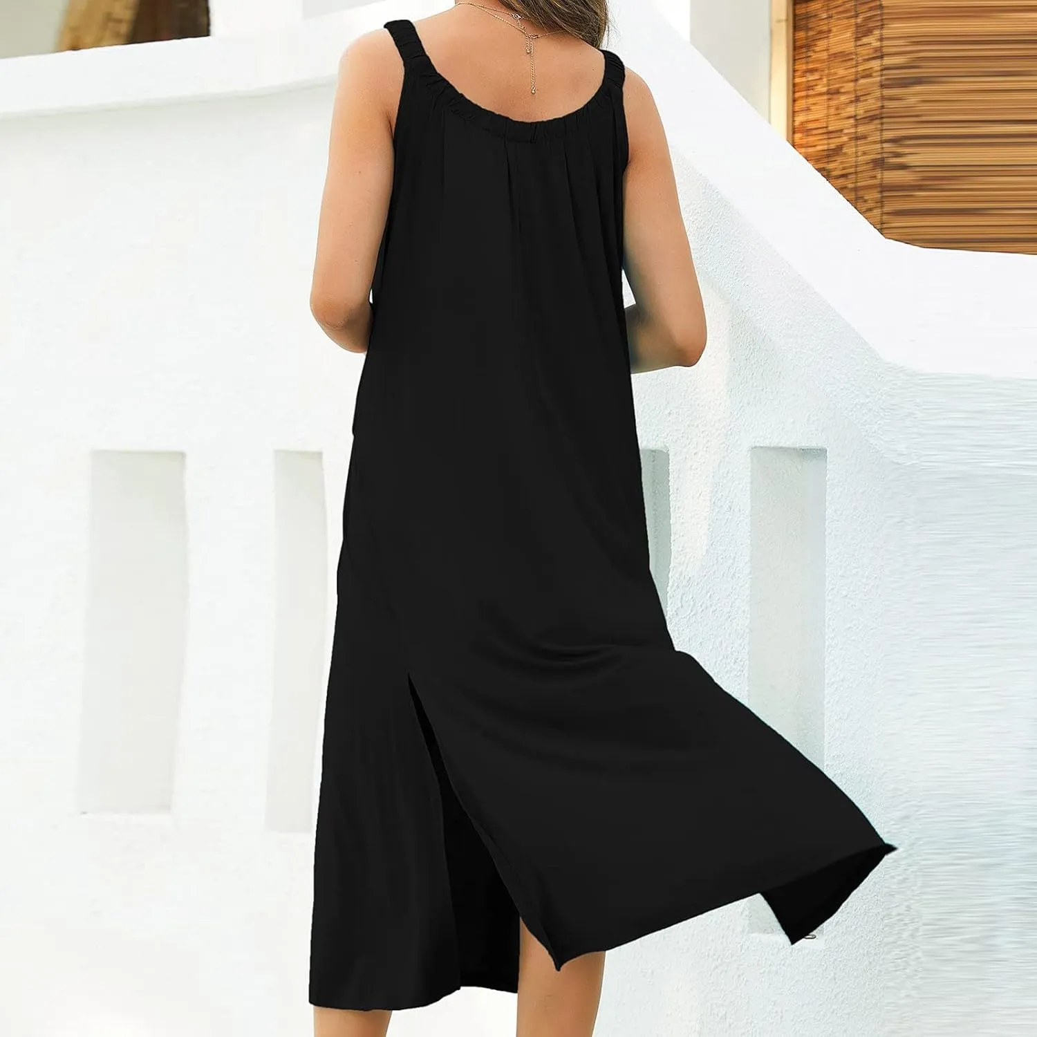 Women Pleated Crew Neck Maxi Dresses Sleeveless Beach Boho Summer Dress Loose Vacation Plus Size Sundress
