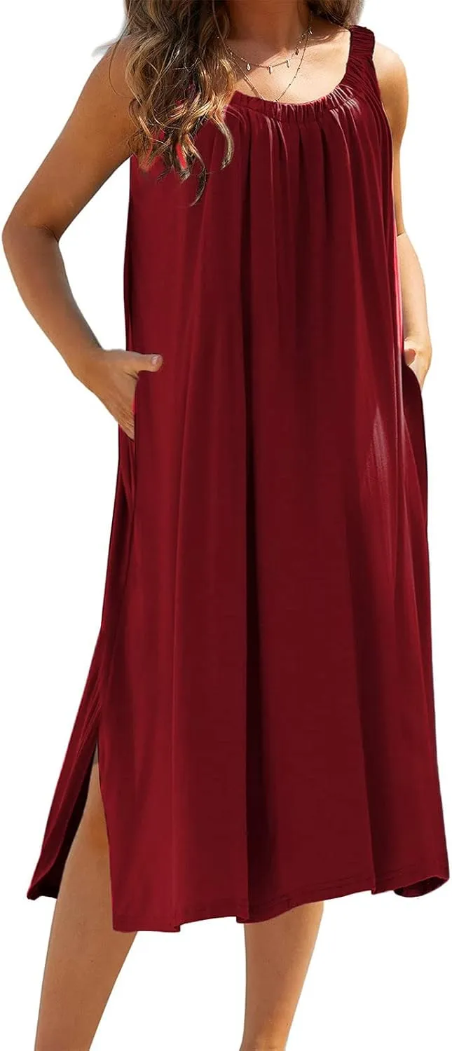 Women Pleated Crew Neck Maxi Dresses Sleeveless Beach Boho Summer Dress Loose Vacation Plus Size Sundress