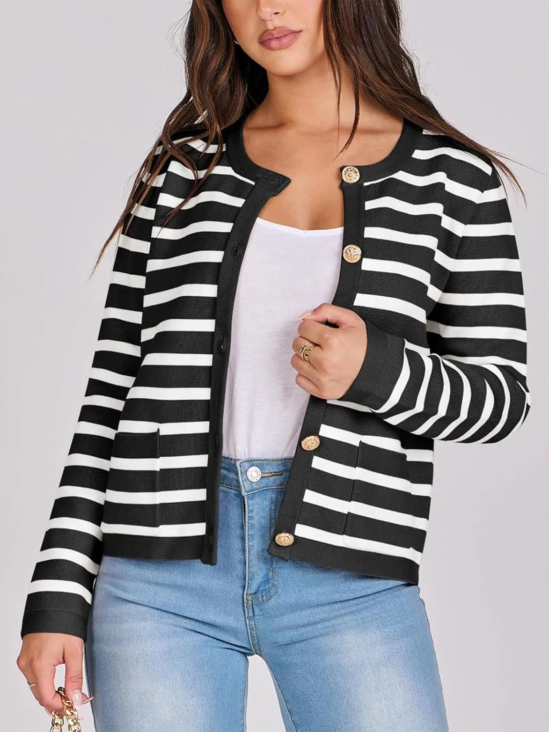 Women Striped Cardigan Sweaters Button Down Cropped Knit Lady Jackets Coat 2024 Fall Outfits Trendy Clothes