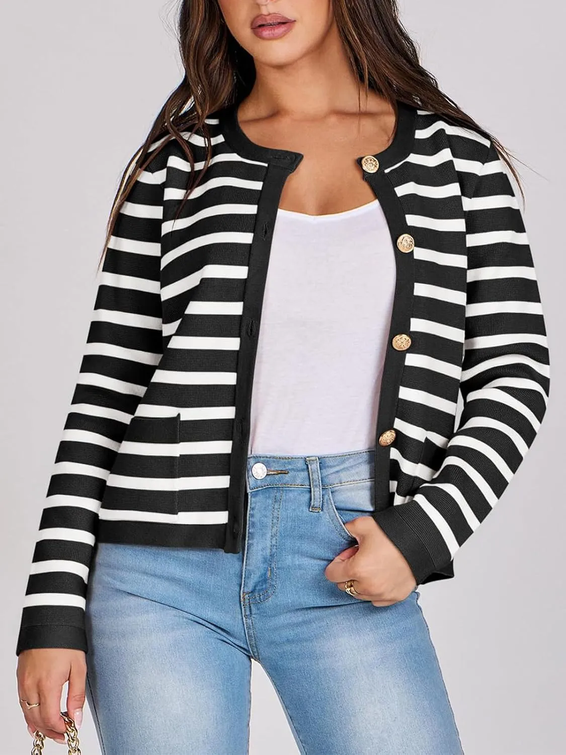 Women Striped Cardigan Sweaters Button Down Cropped Knit Lady Jackets Coat 2024 Fall Outfits Trendy Clothes