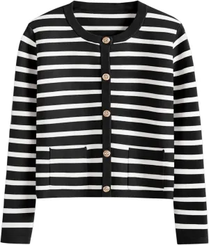Women Striped Cardigan Sweaters Button Down Cropped Knit Lady Jackets Coat 2024 Fall Outfits Trendy Clothes