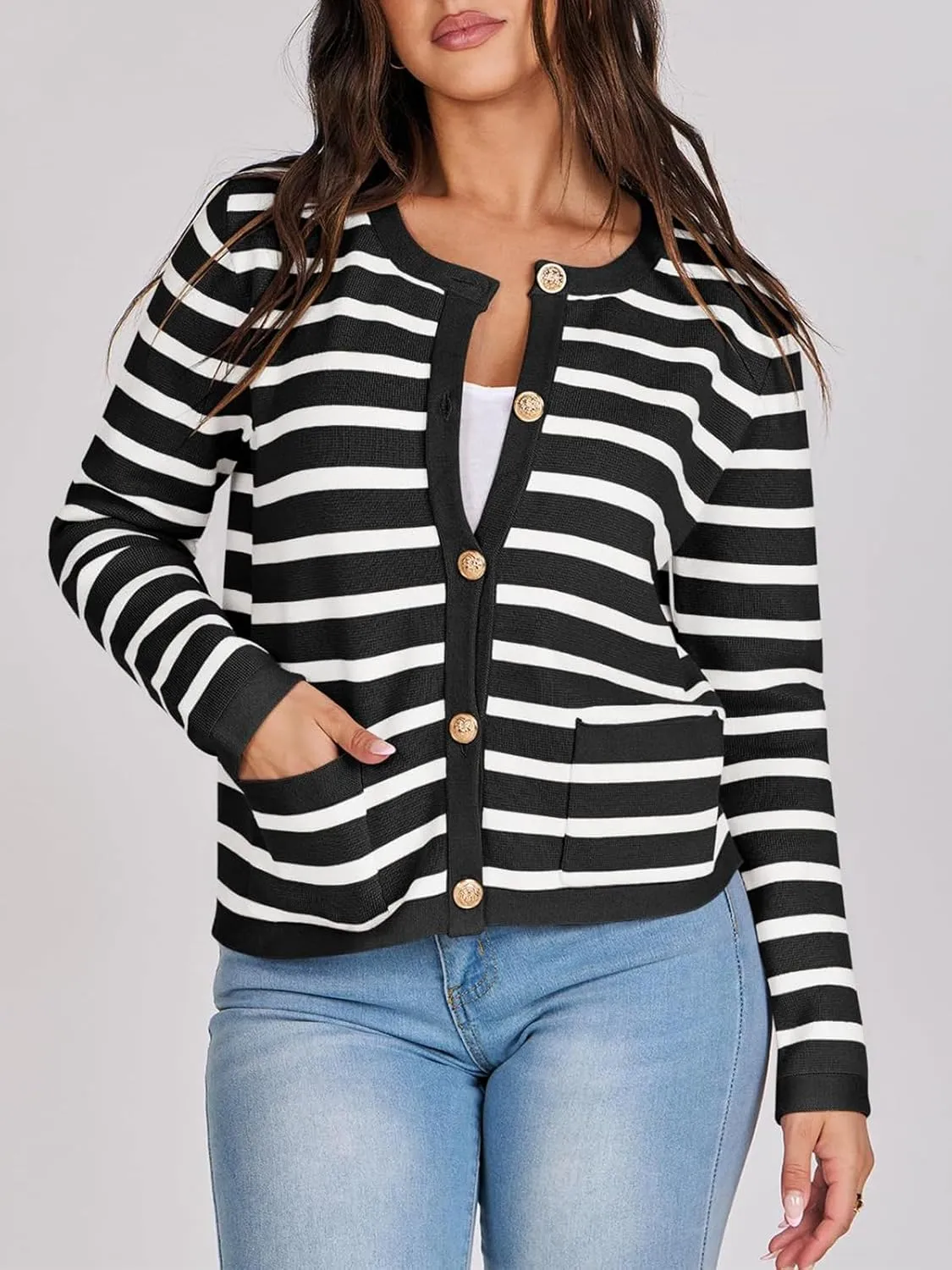 Women Striped Cardigan Sweaters Button Down Cropped Knit Lady Jackets Coat 2024 Fall Outfits Trendy Clothes