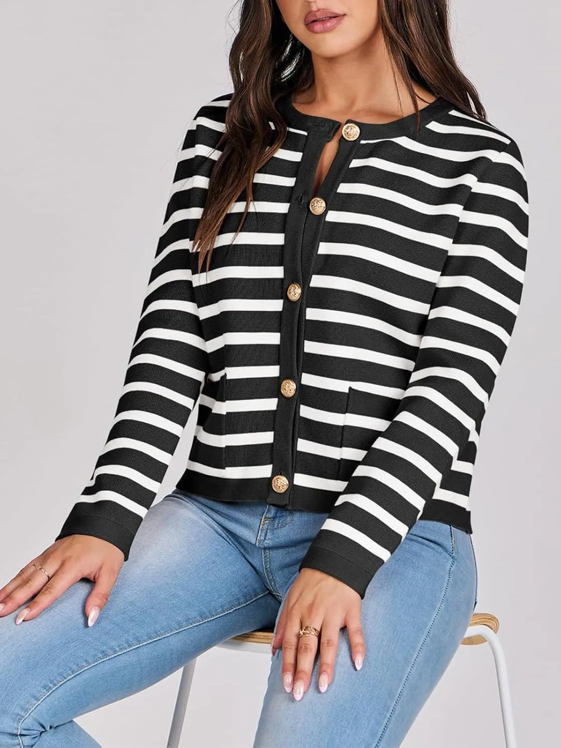 Women Striped Cardigan Sweaters Button Down Cropped Knit Lady Jackets Coat 2024 Fall Outfits Trendy Clothes