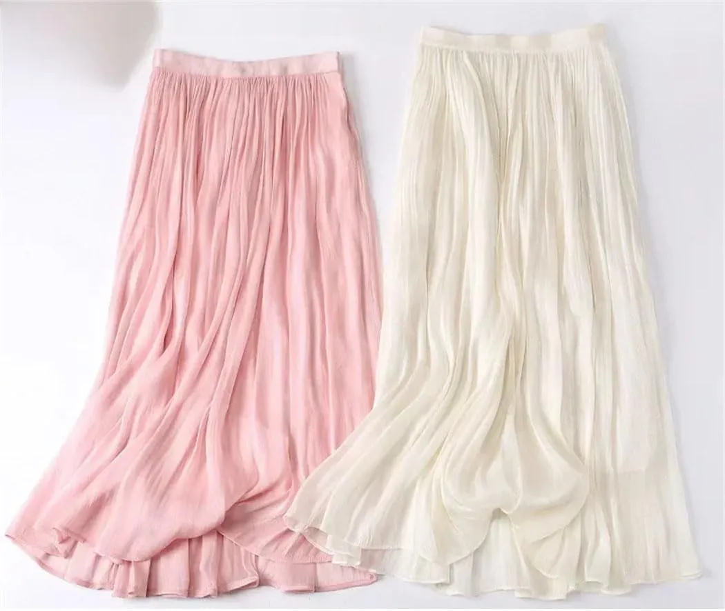 Women Summer High-Waist A-Line Skirt Loose Waist Medium Length Pleated Skirt Beach Vacation Party Skirts