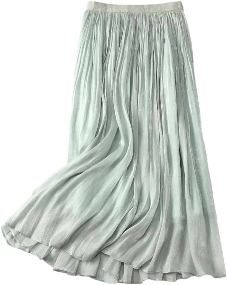 Women Summer High-Waist A-Line Skirt Loose Waist Medium Length Pleated Skirt Beach Vacation Party Skirts