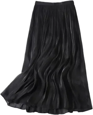 Women Summer High-Waist A-Line Skirt Loose Waist Medium Length Pleated Skirt Beach Vacation Party Skirts