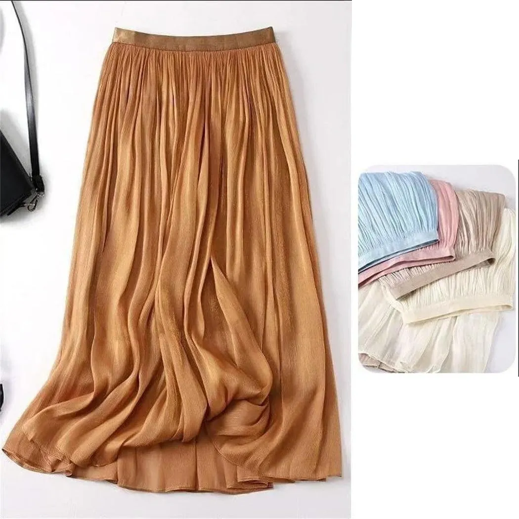 Women Summer High-Waist A-Line Skirt Loose Waist Medium Length Pleated Skirt Beach Vacation Party Skirts