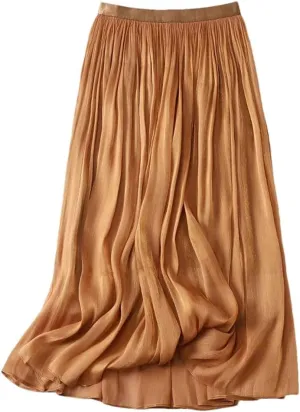 Women Summer High-Waist A-Line Skirt Loose Waist Medium Length Pleated Skirt Beach Vacation Party Skirts
