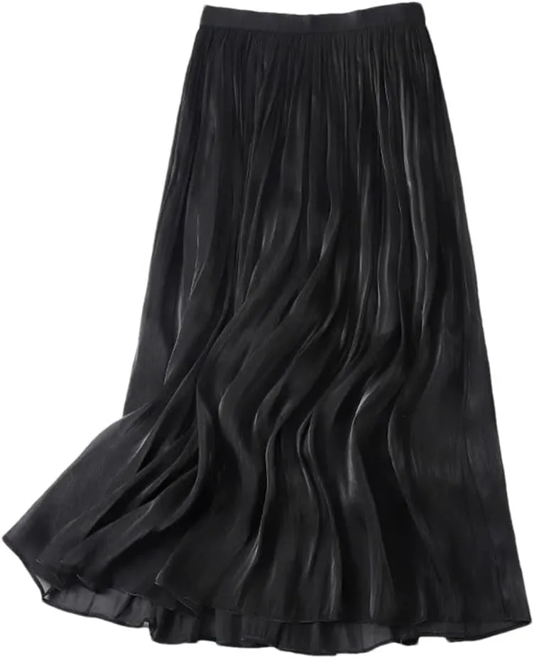 Women Summer High-Waist A-Line Skirt Loose Waist Medium Length Pleated Skirt Beach Vacation Party Skirts