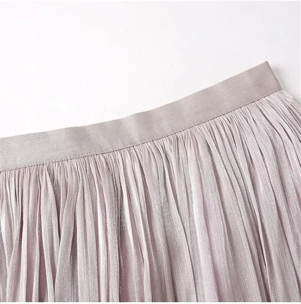 Women Summer High-Waist A-Line Skirt Loose Waist Medium Length Pleated Skirt Beach Vacation Party Skirts