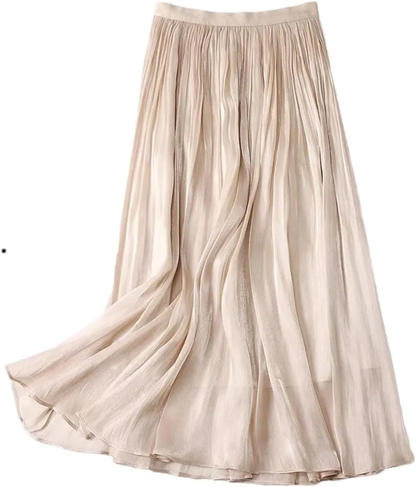 Women Summer High-Waist A-Line Skirt Loose Waist Medium Length Pleated Skirt Beach Vacation Party Skirts