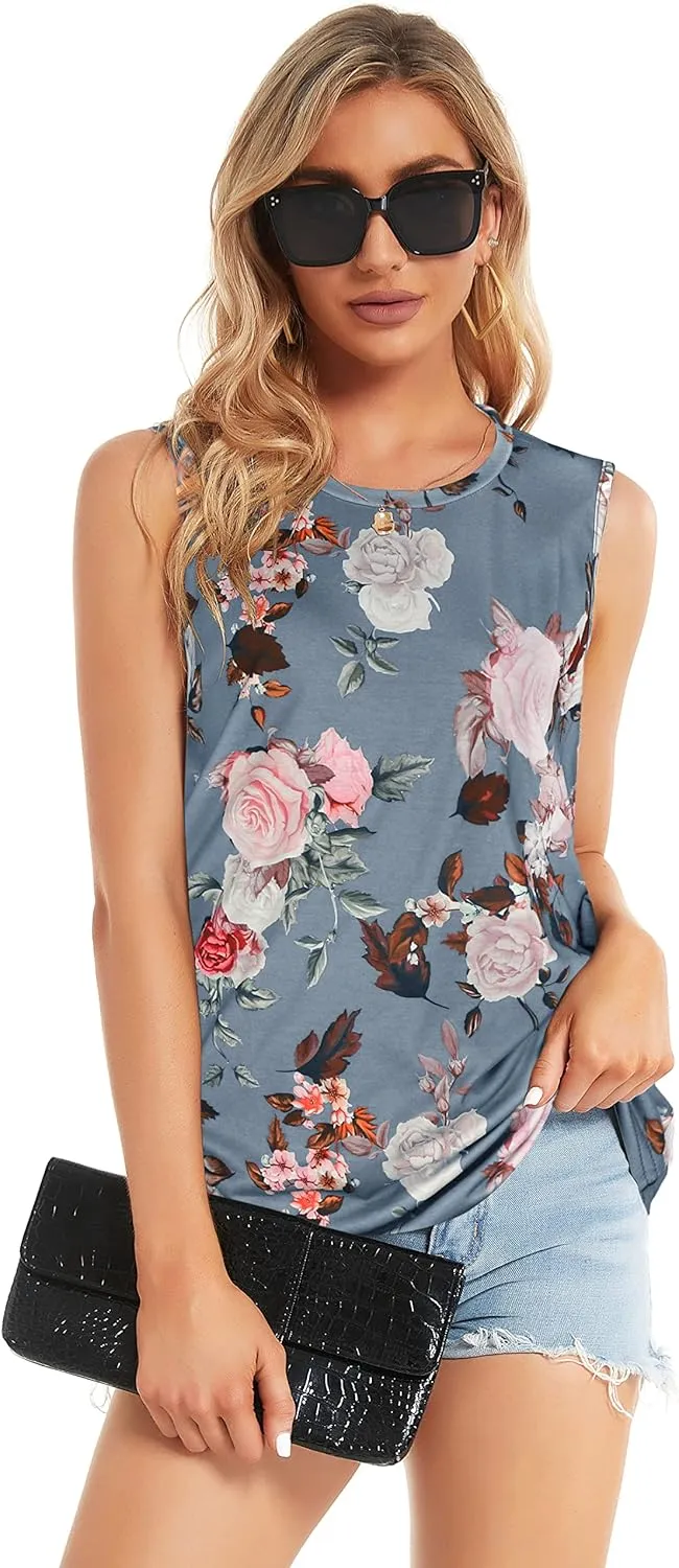 Women Summer Tops Sleeveless Tank Floral Casual Cute Loose Fit Cute T-Shirt Tunic