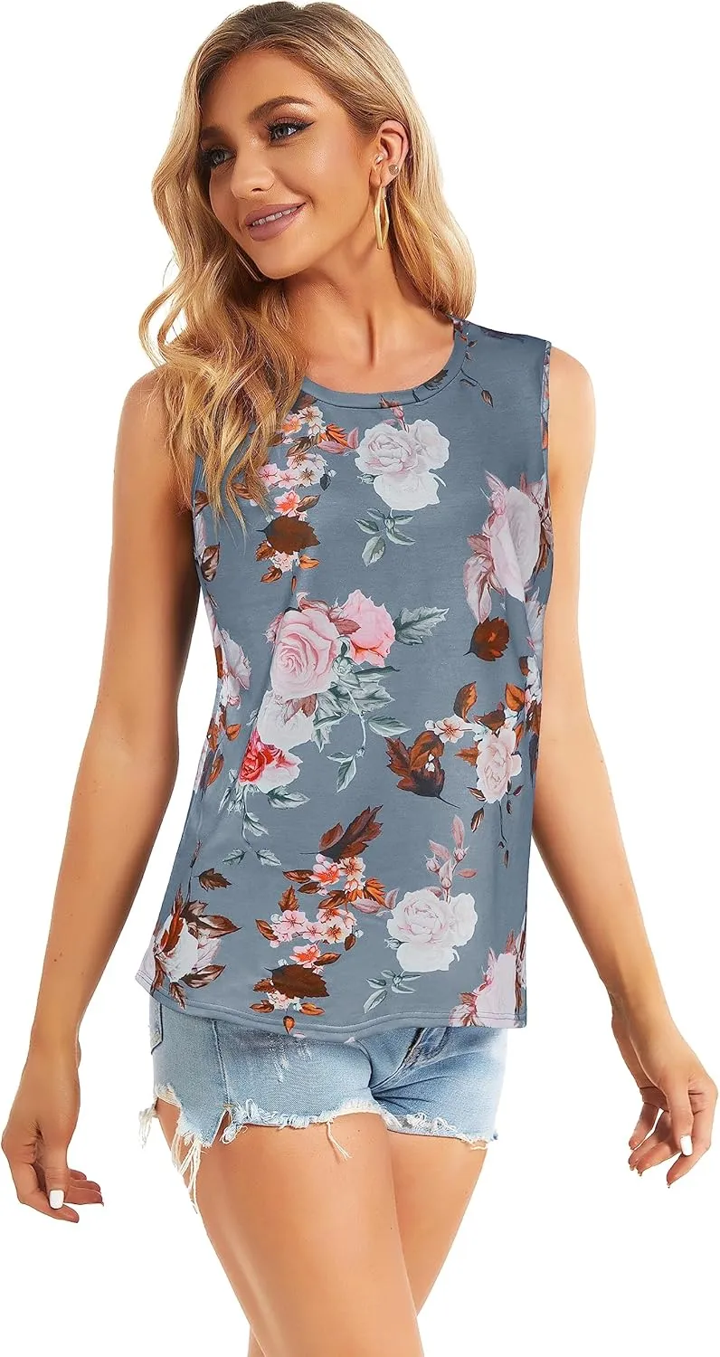 Women Summer Tops Sleeveless Tank Floral Casual Cute Loose Fit Cute T-Shirt Tunic