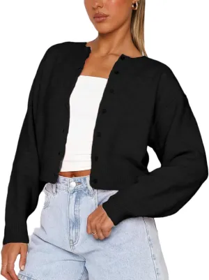 Women Y2K Button Down Sweater Cardigan Cropped Long Sleeve Solid Knit Cardigans Open Front Crewneck Sweater Outwear