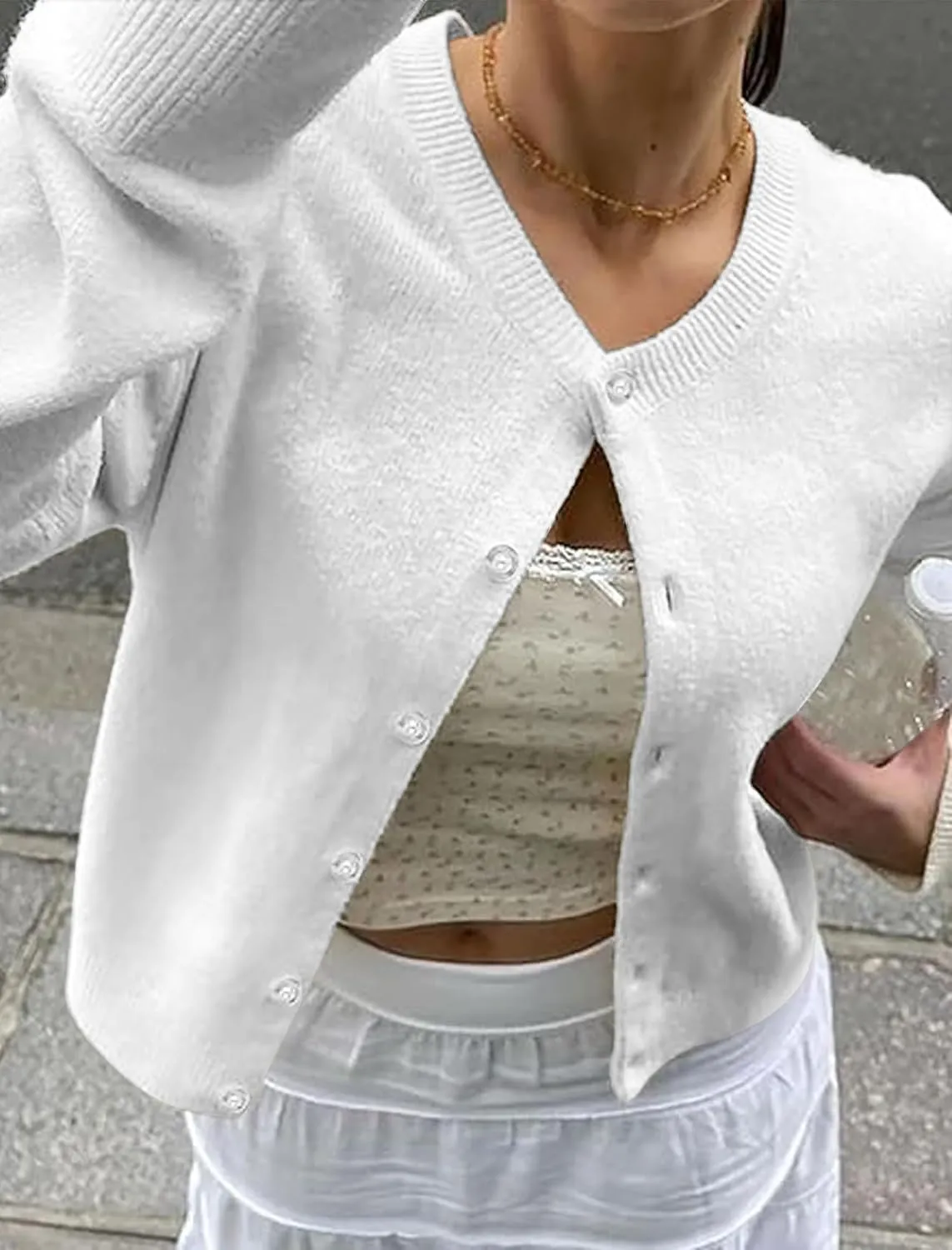 Women Y2K Button Down Sweater Cardigan Cropped Long Sleeve Solid Knit Cardigans Open Front Crewneck Sweater Outwear